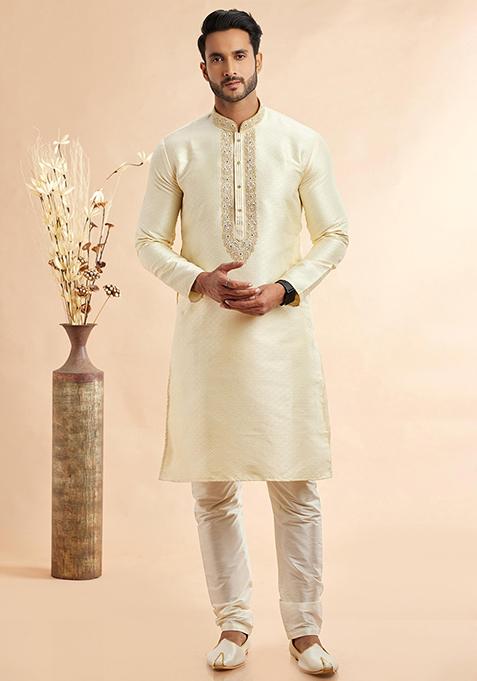 Lemon Green Embroidered Silk Kurta Set For Men — view on Indya