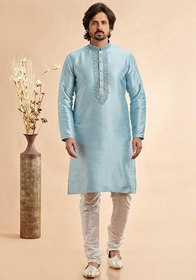 Sky Blue Embroidered Silk Kurta Set For Men