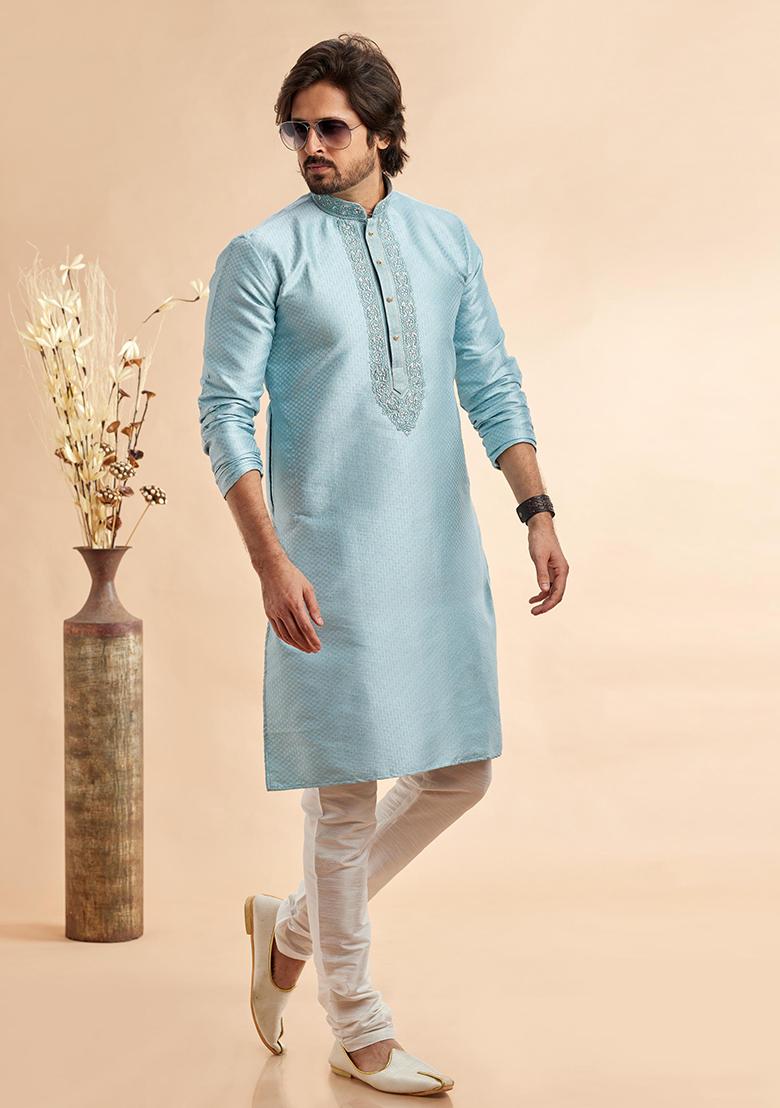 Sky Blue Embroidered Silk Kurta Set For Men