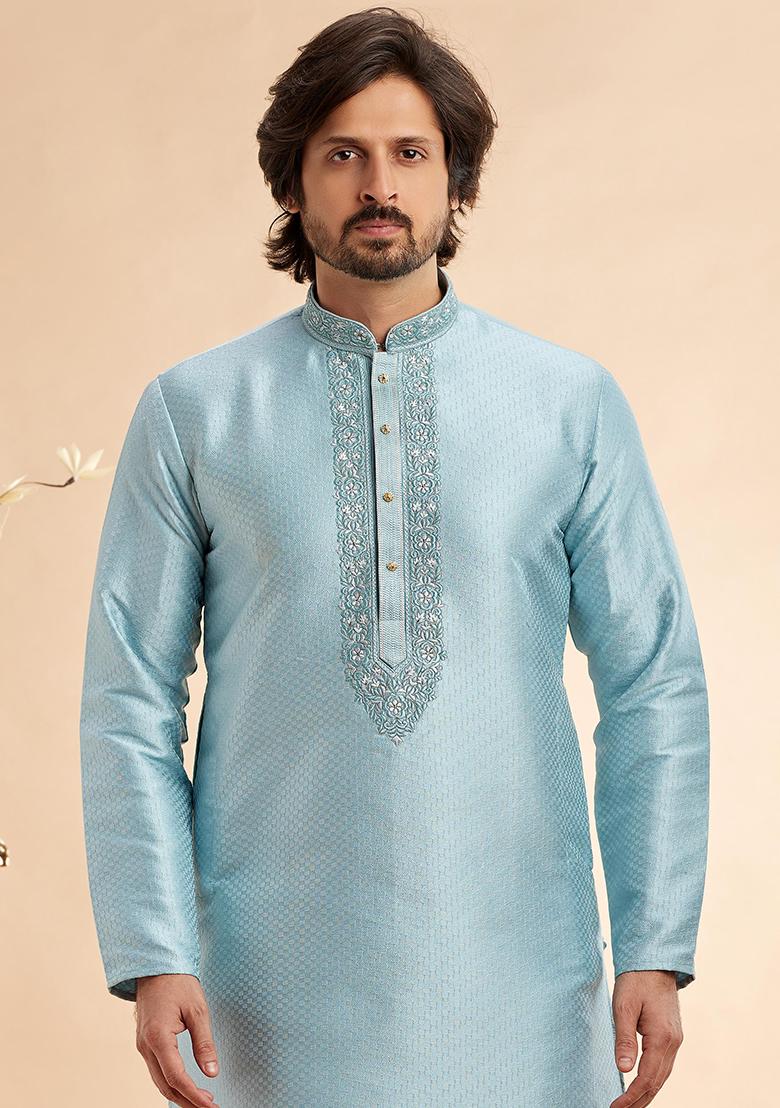 Sky Blue Embroidered Silk Kurta Set For Men