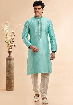 Greyish Cyan Embroidered Silk Kurta Set For Men