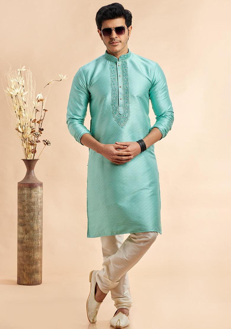 Greyish Cyan Embroidered Silk Kurta Set For Men