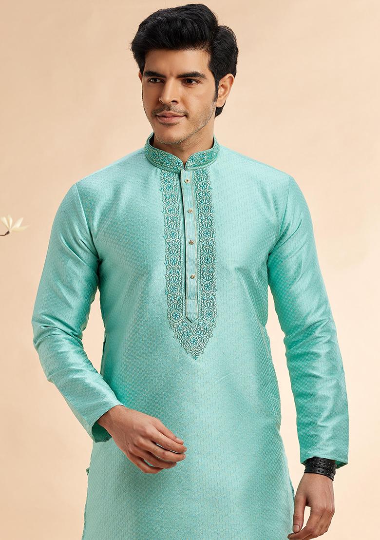 Greyish Cyan Embroidered Silk Kurta Set For Men