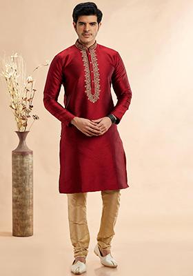Maroon Embroidered Silk Kurta Set For Men