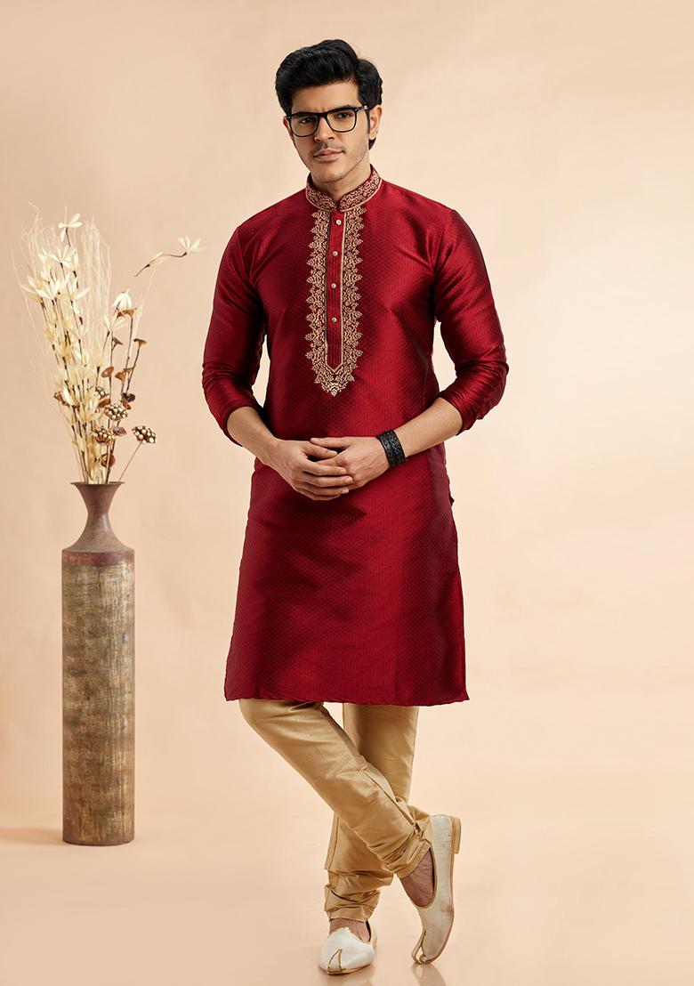Maroon Embroidered Silk Kurta Set For Men