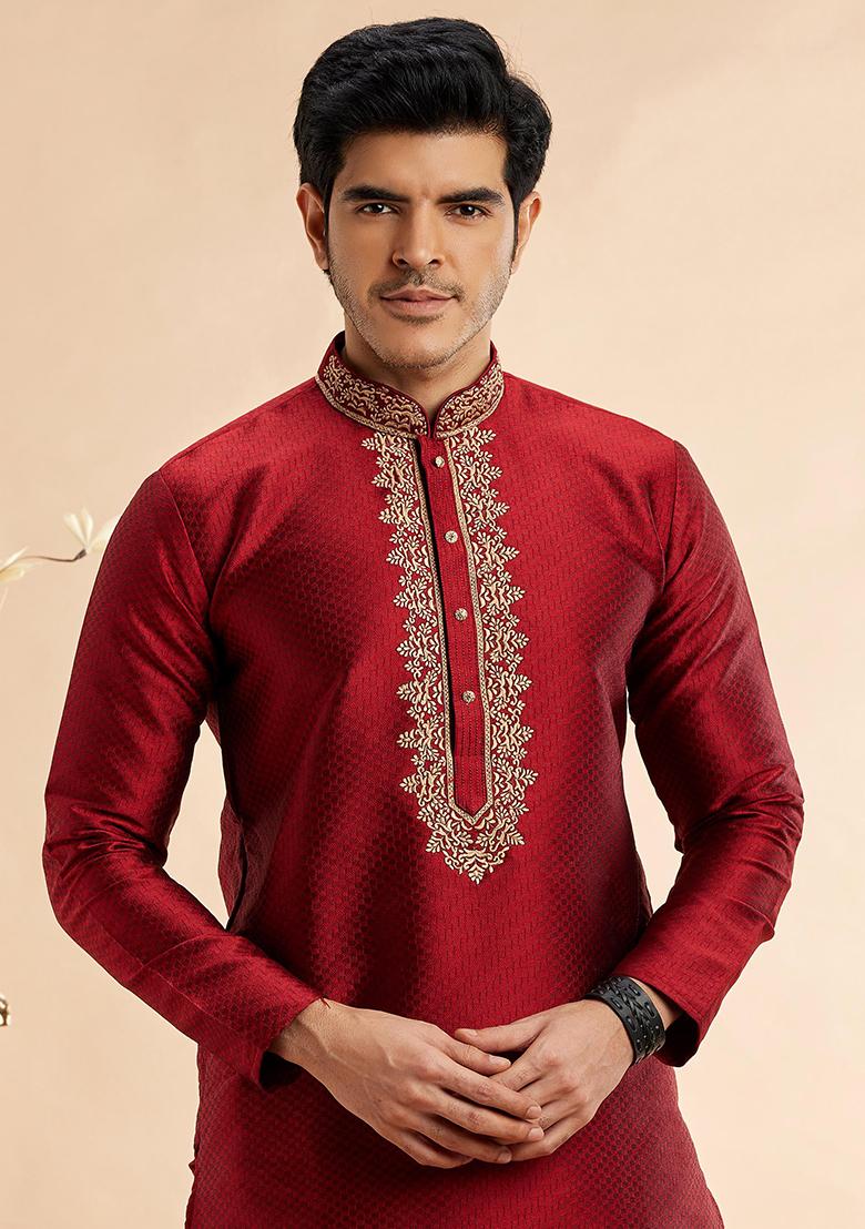 Maroon Embroidered Silk Kurta Set For Men