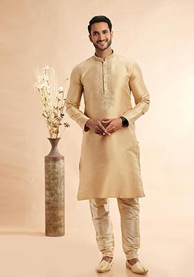 Gold Embroidered Silk Kurta Set For Men