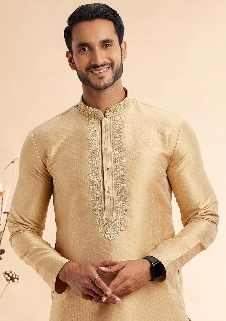 Gold Embroidered Silk Kurta Set For Men