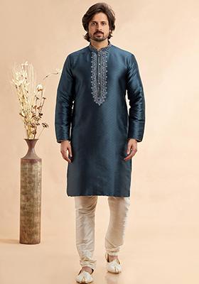 Dark Grey Embroidered Silk Kurta Set For Men