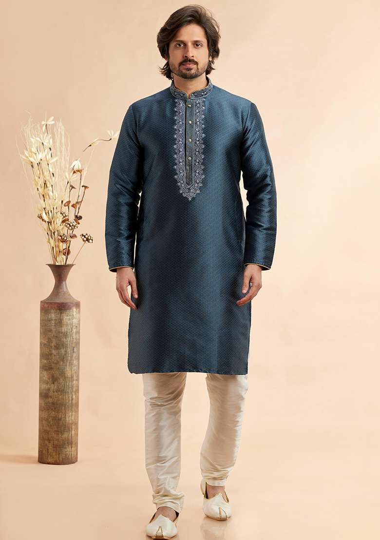 Dark Grey Embroidered Silk Kurta Set For Men - Indya