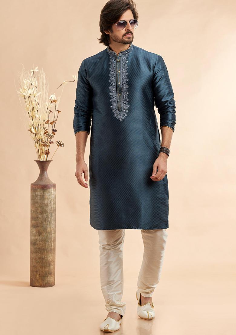 Dark Grey Embroidered Silk Kurta Set For Men
