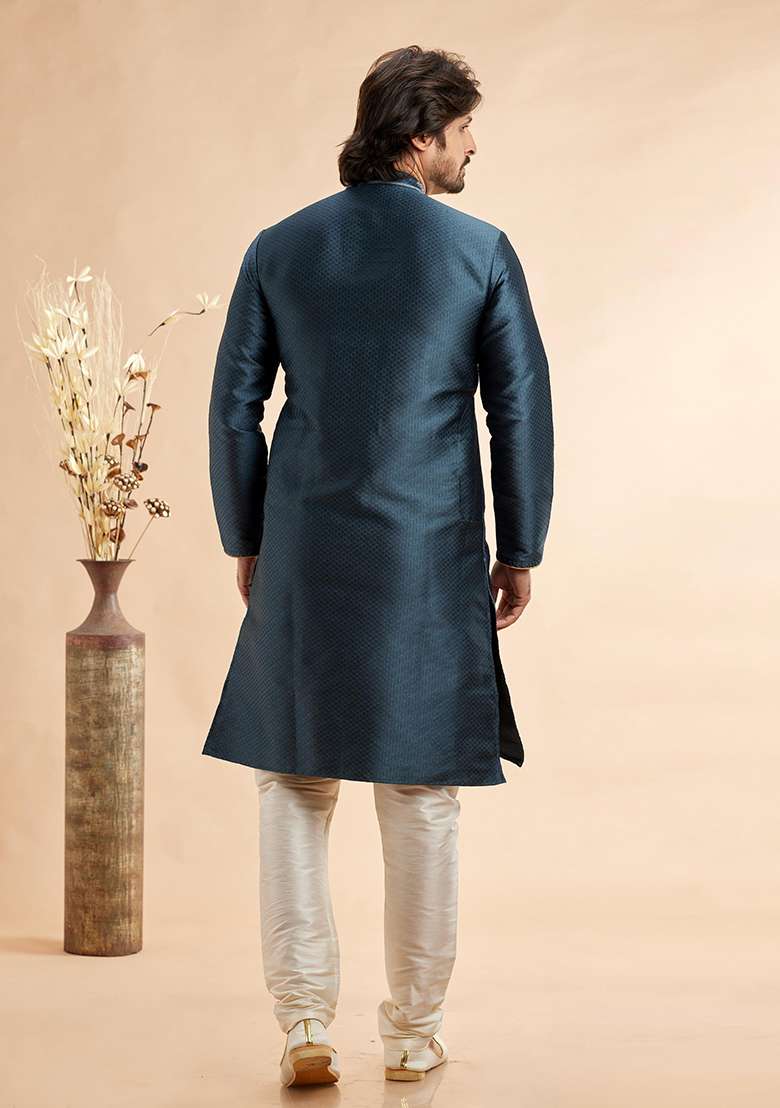 Dark Grey Embroidered Silk Kurta Set For Men - Indya