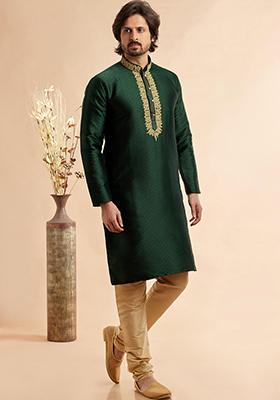 Green Embroidered Silk Kurta Set For Men