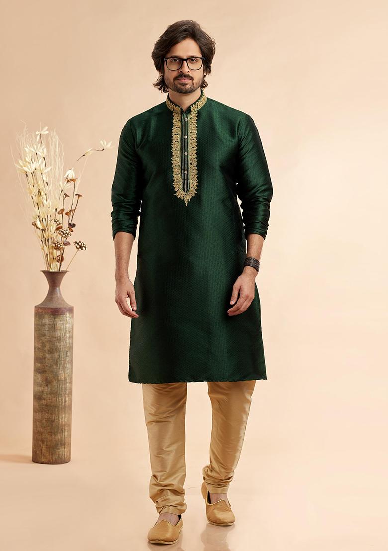 Green Embroidered Silk Kurta Set For Men