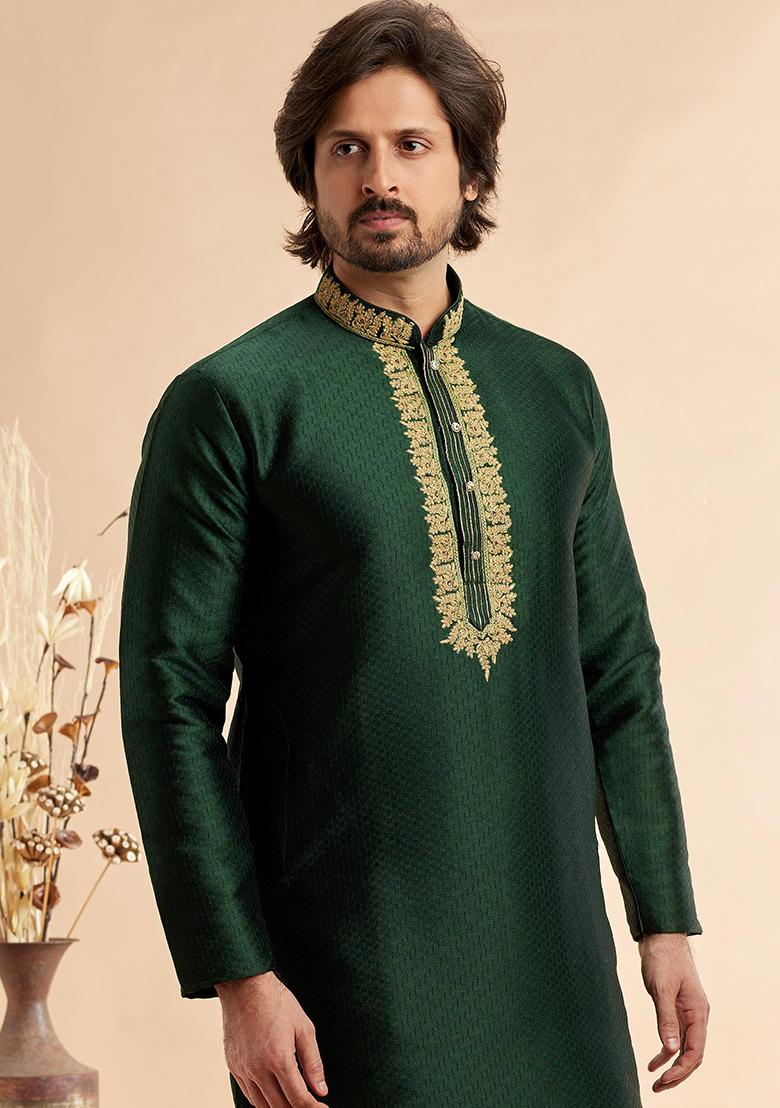 Green Embroidered Silk Kurta Set For Men