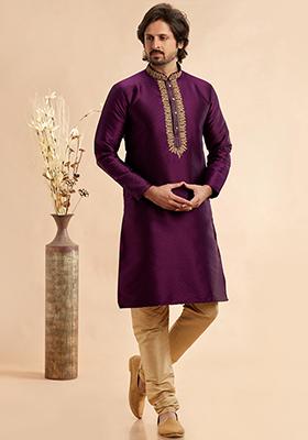 Magenta Embroidered Silk Kurta Set For Men