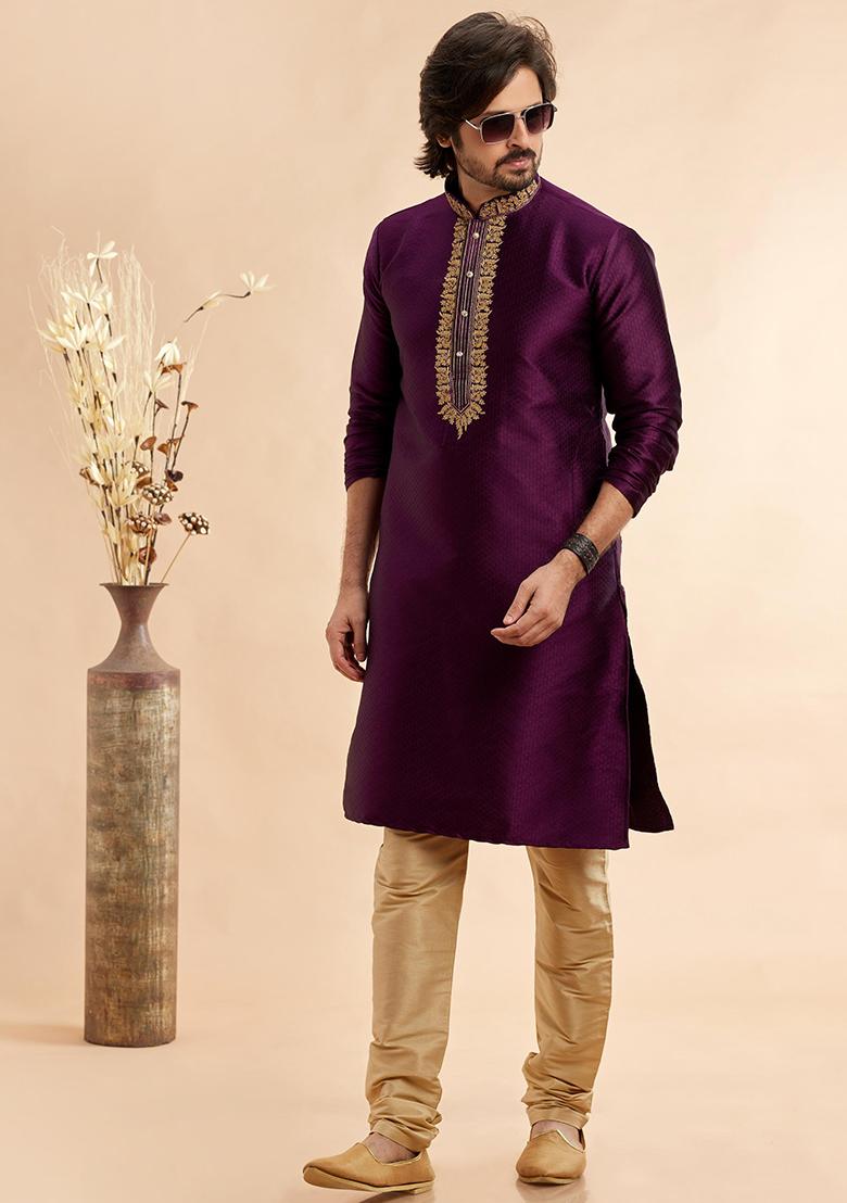 Magenta Embroidered Silk Kurta Set For Men