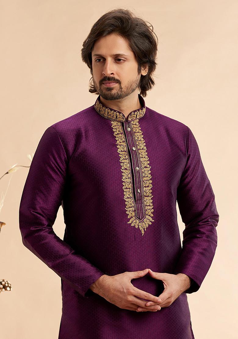 Magenta Embroidered Silk Kurta Set For Men