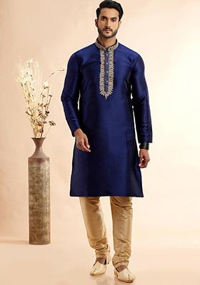 Blue Embroidered Silk Kurta Set For Men