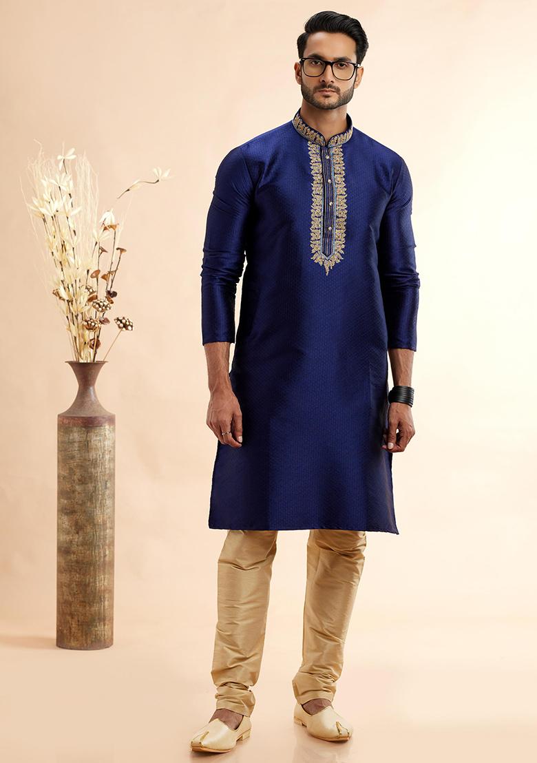 Blue Embroidered Silk Kurta Set For Men