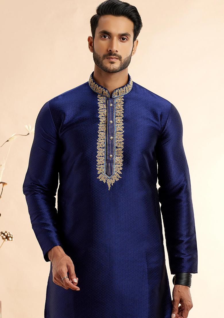 Blue Embroidered Silk Kurta Set For Men