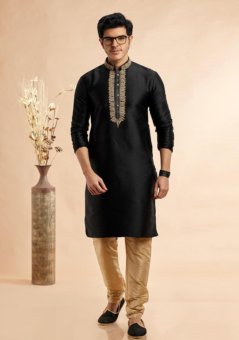 Black Embroidered Silk Kurta Set For Men
