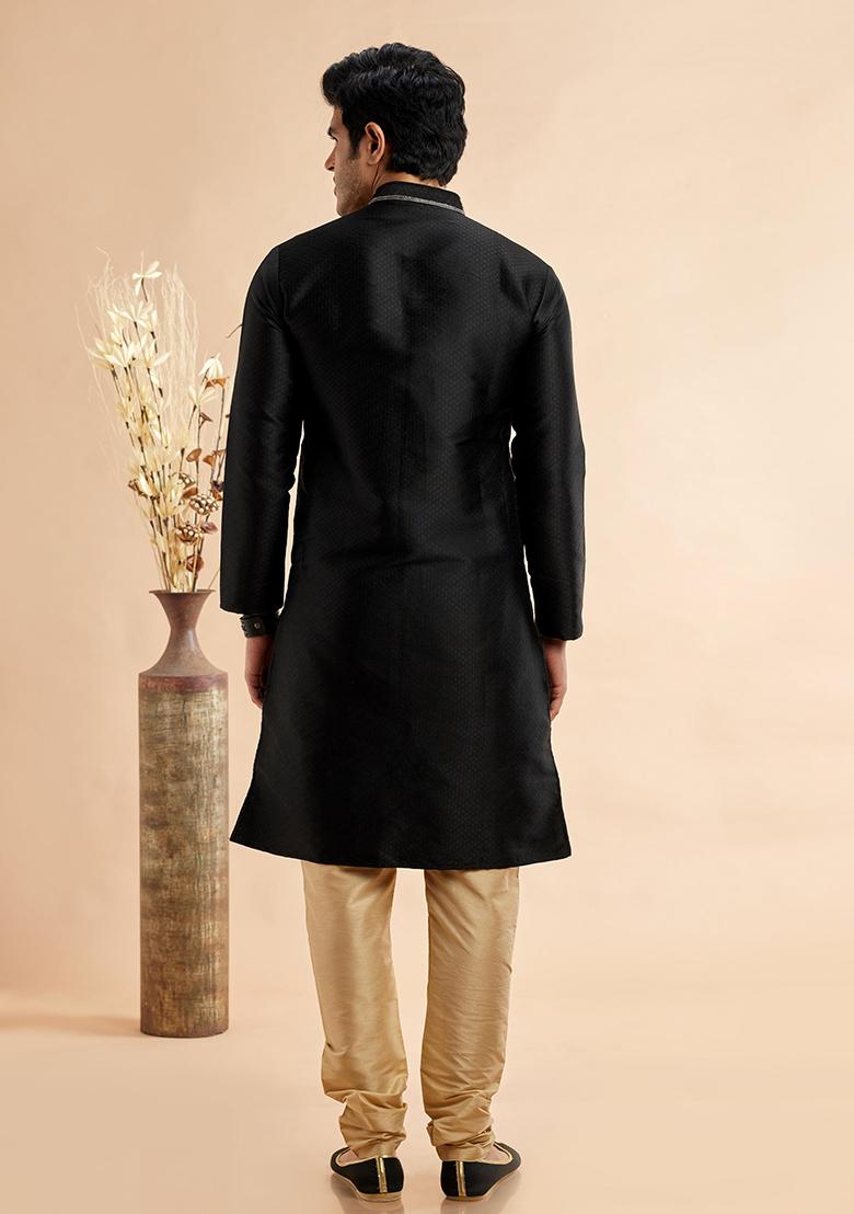 Black Embroidered Silk Kurta Set For Men