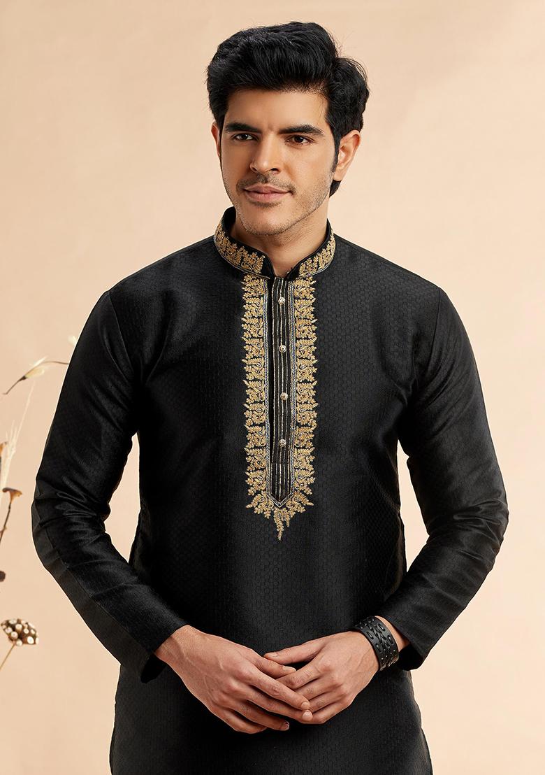 Black Embroidered Silk Kurta Set For Men