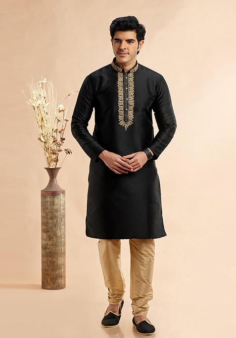 Black Embroidered Silk Kurta Set For Men