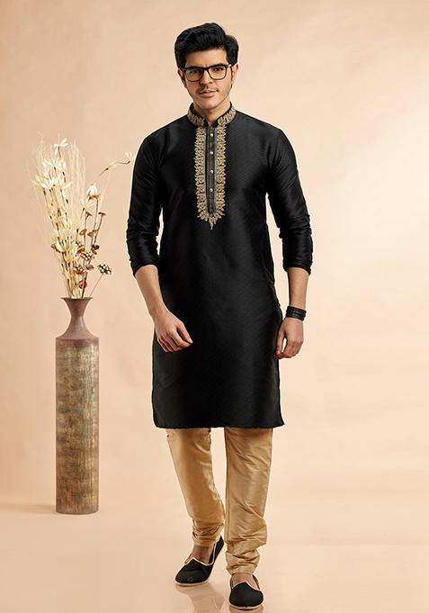 Black Embroidered Silk Kurta Set For Men