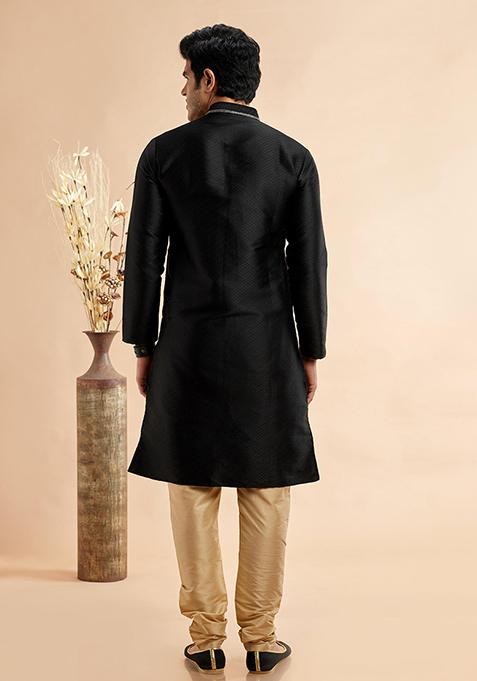 Black Embroidered Silk Kurta Set For Men