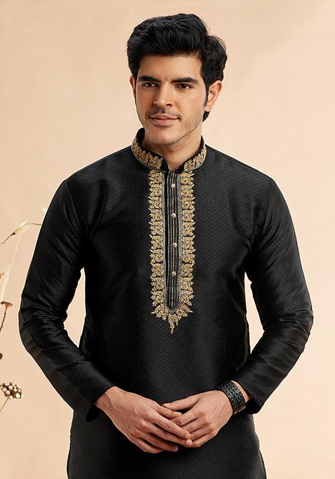 Black Embroidered Silk Kurta Set For Men