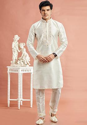 Cream Embroidered Silk Kurta Set For Men