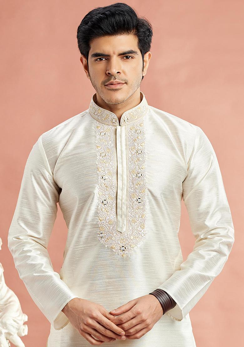 Cream Embroidered Silk Kurta Set For Men