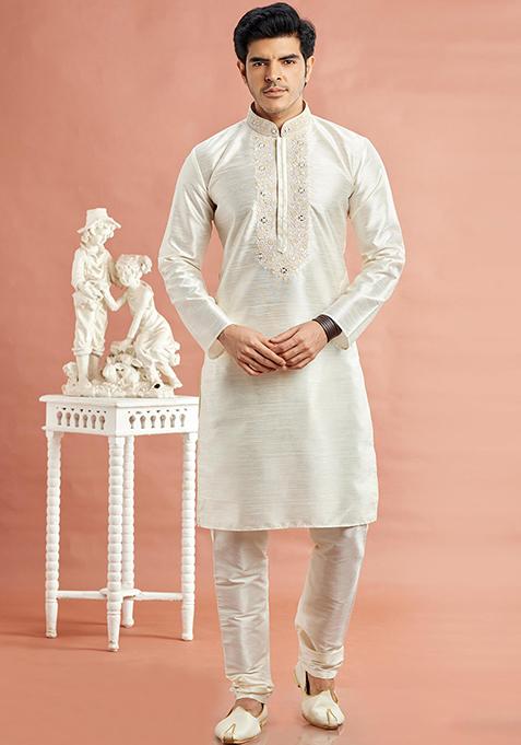 Cream Embroidered Silk Kurta Set For Men