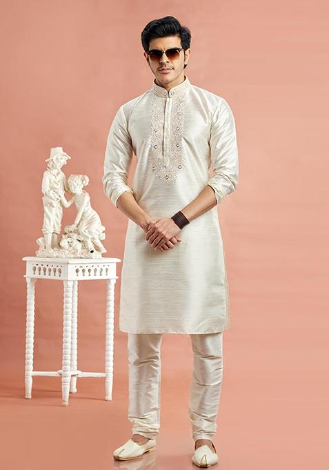 Cream Embroidered Silk Kurta Set For Men