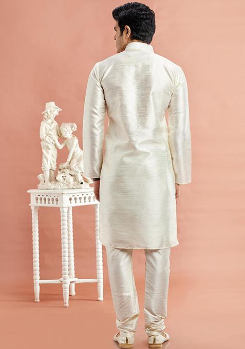 Cream Embroidered Silk Kurta Set For Men