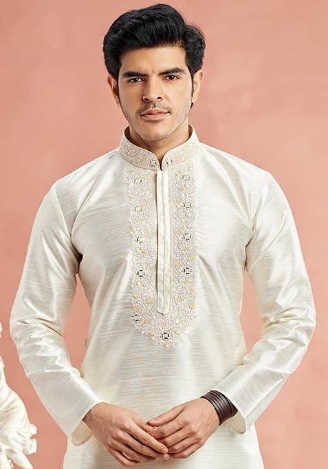 Cream Embroidered Silk Kurta Set For Men
