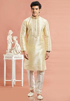 Beige Embroidered Silk Kurta Set For Men