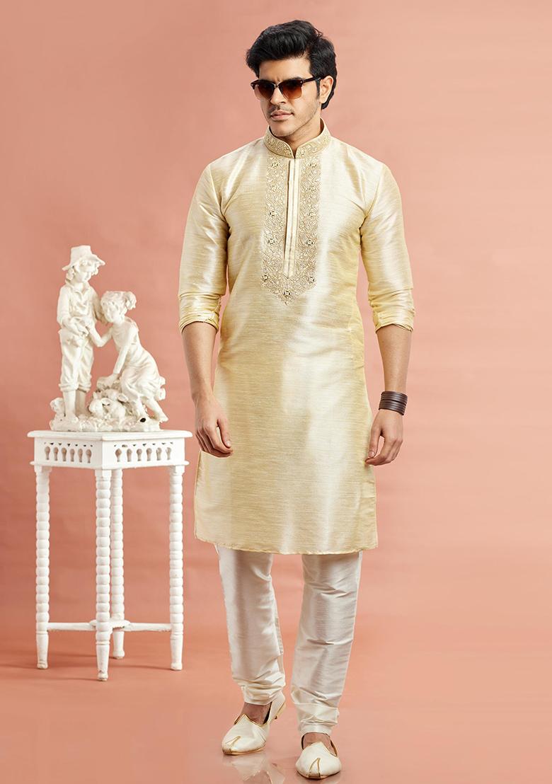Beige Embroidered Silk Kurta Set For Men