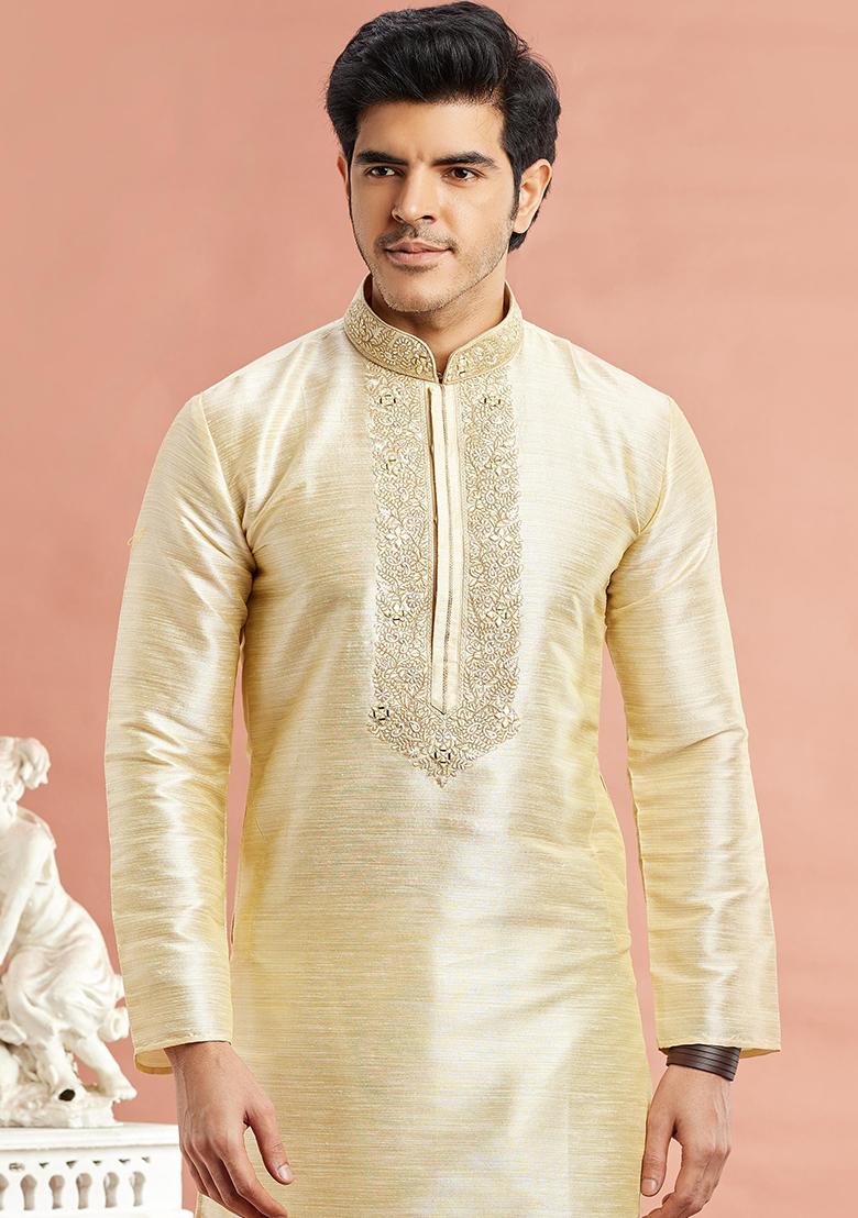 Beige Embroidered Silk Kurta Set For Men