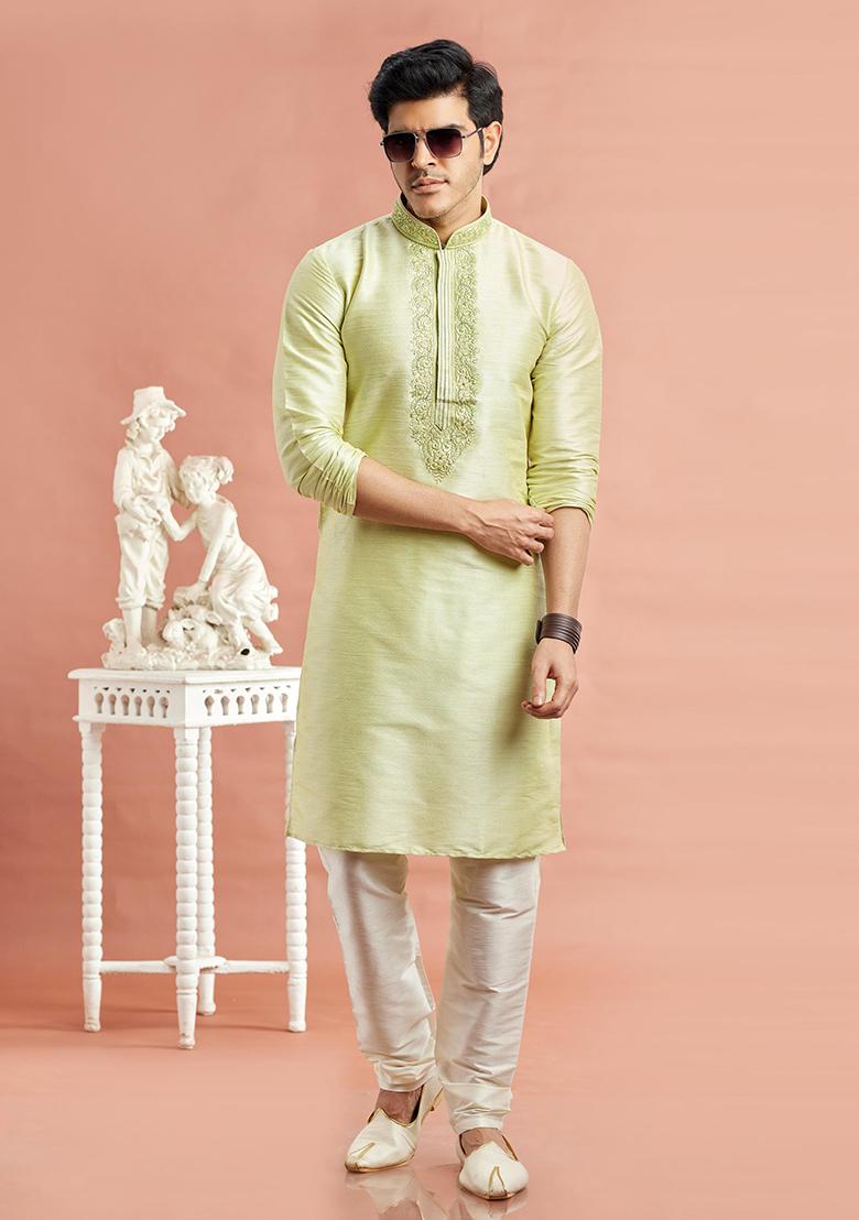 Pista Green Embroidered Silk Kurta Set For Men
