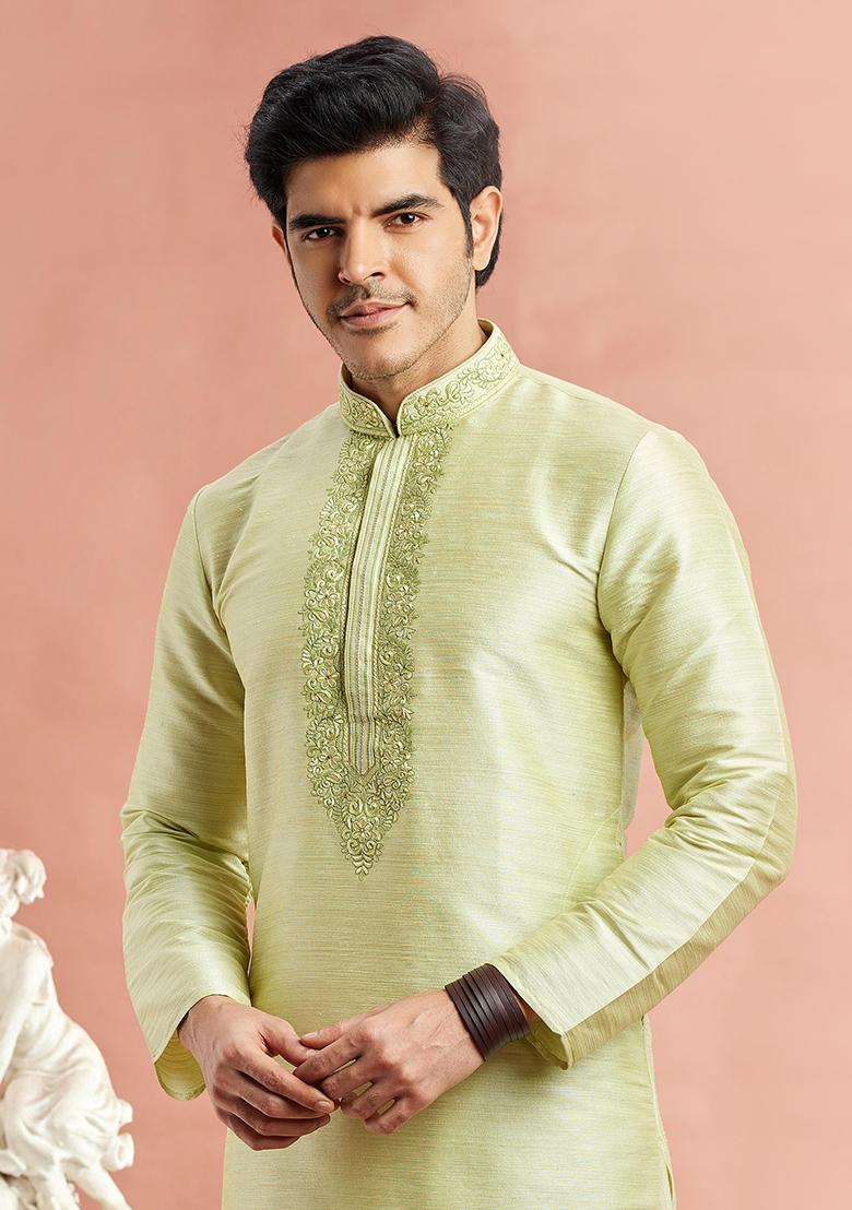 Pista Green Embroidered Silk Kurta Set For Men