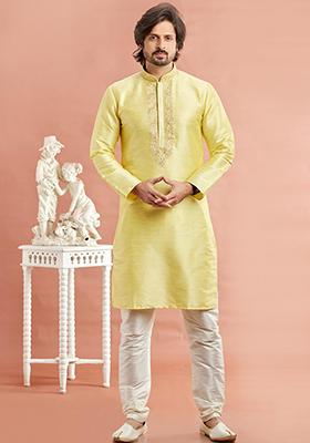 Yellow Embroidered Silk Kurta Set For Men