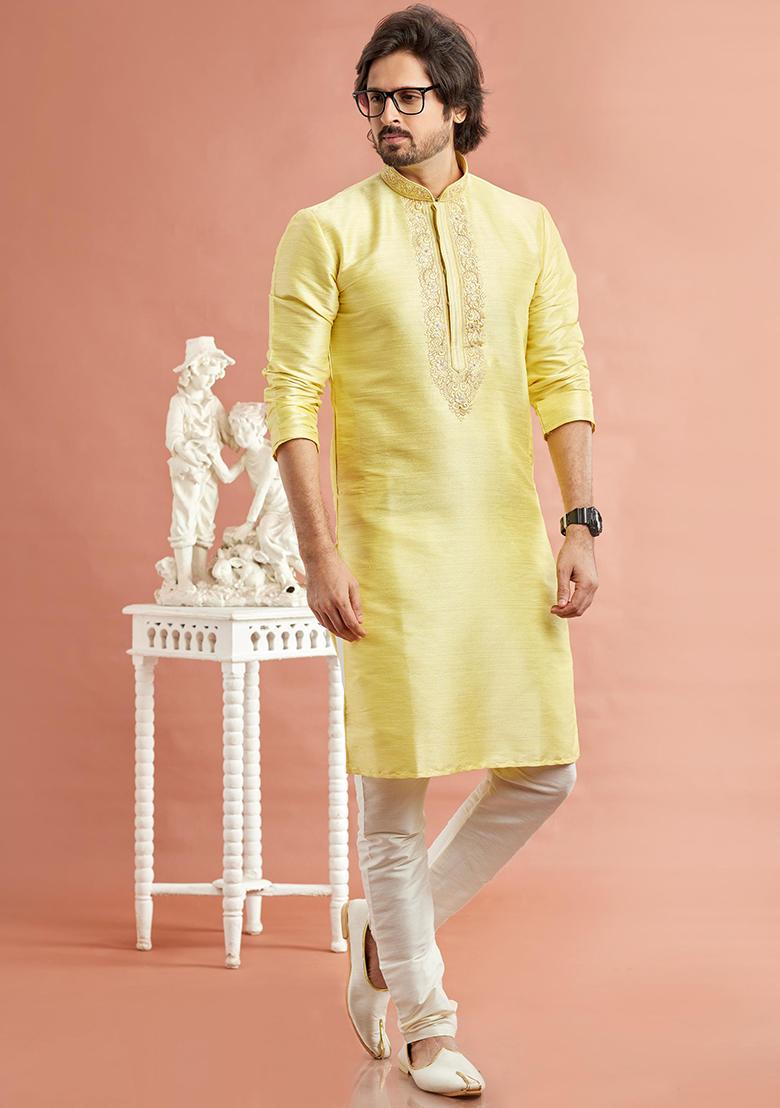 Yellow Embroidered Silk Kurta Set For Men