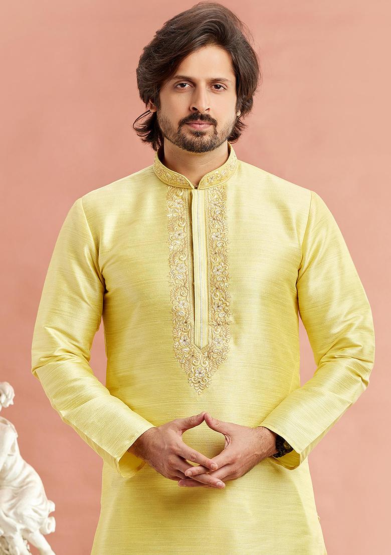 Yellow Embroidered Silk Kurta Set For Men