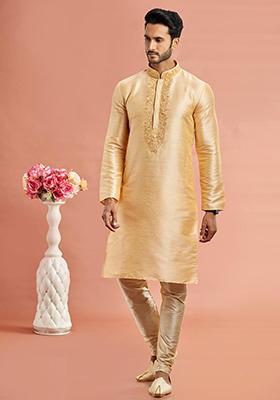 Teal Blue Embroidered Silk Kurta Set For Men