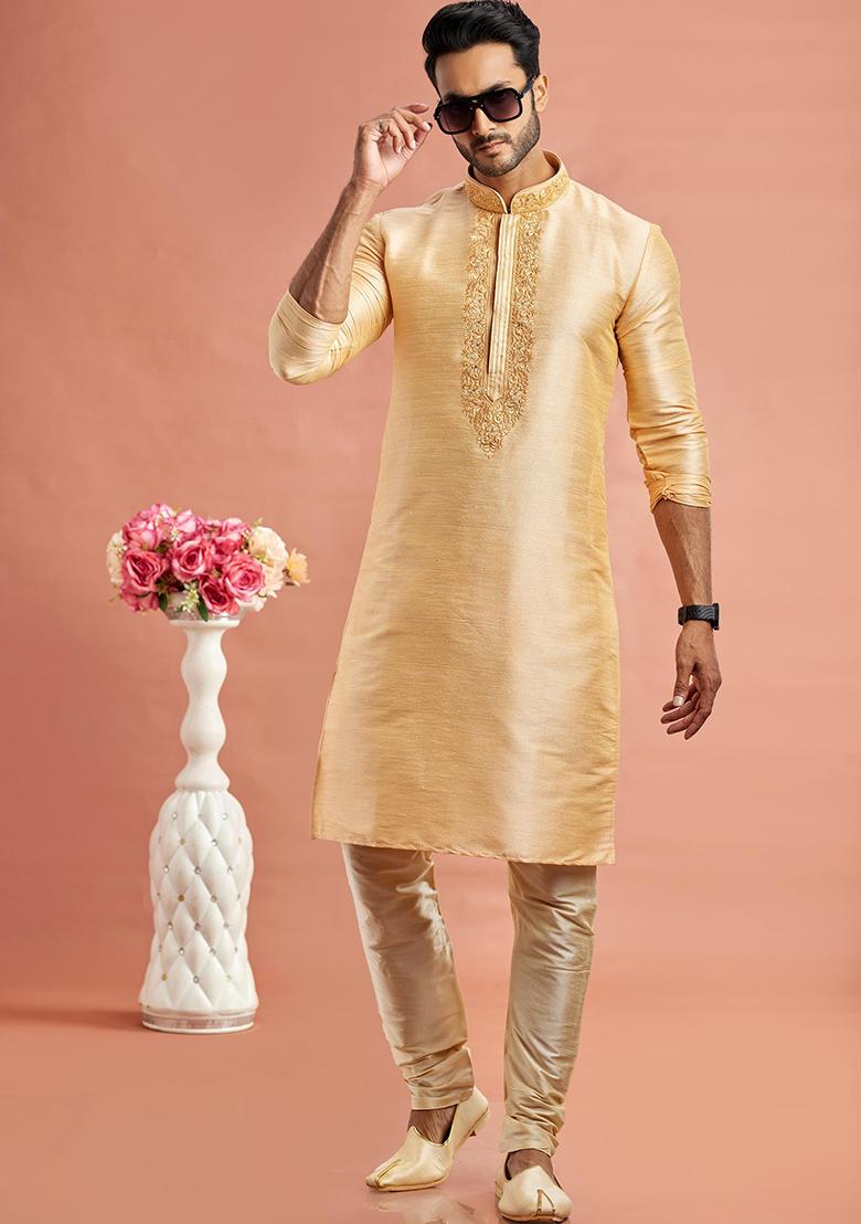 Teal Blue Embroidered Silk Kurta Set For Men