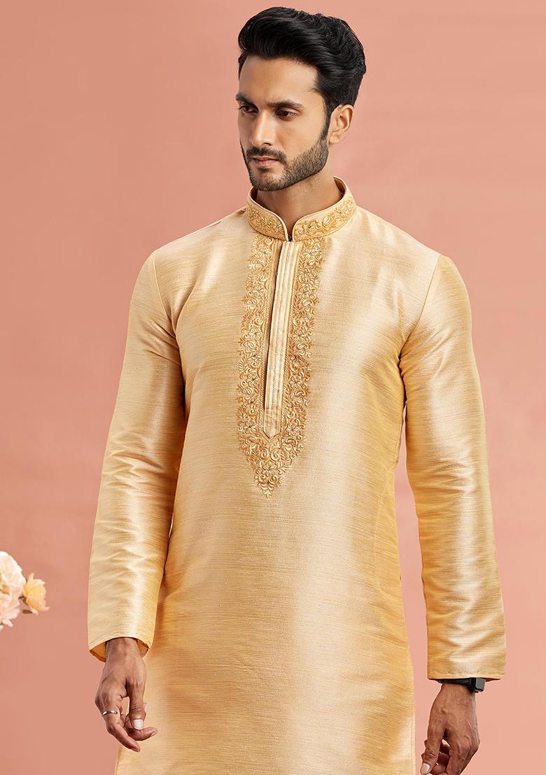 Teal Blue Embroidered Silk Kurta Set For Men