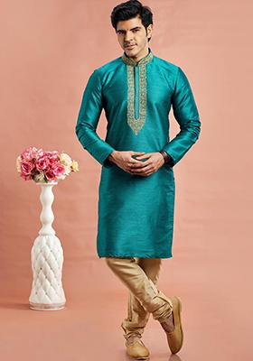 Teal Blue Embroidered Silk Kurta Set For Men